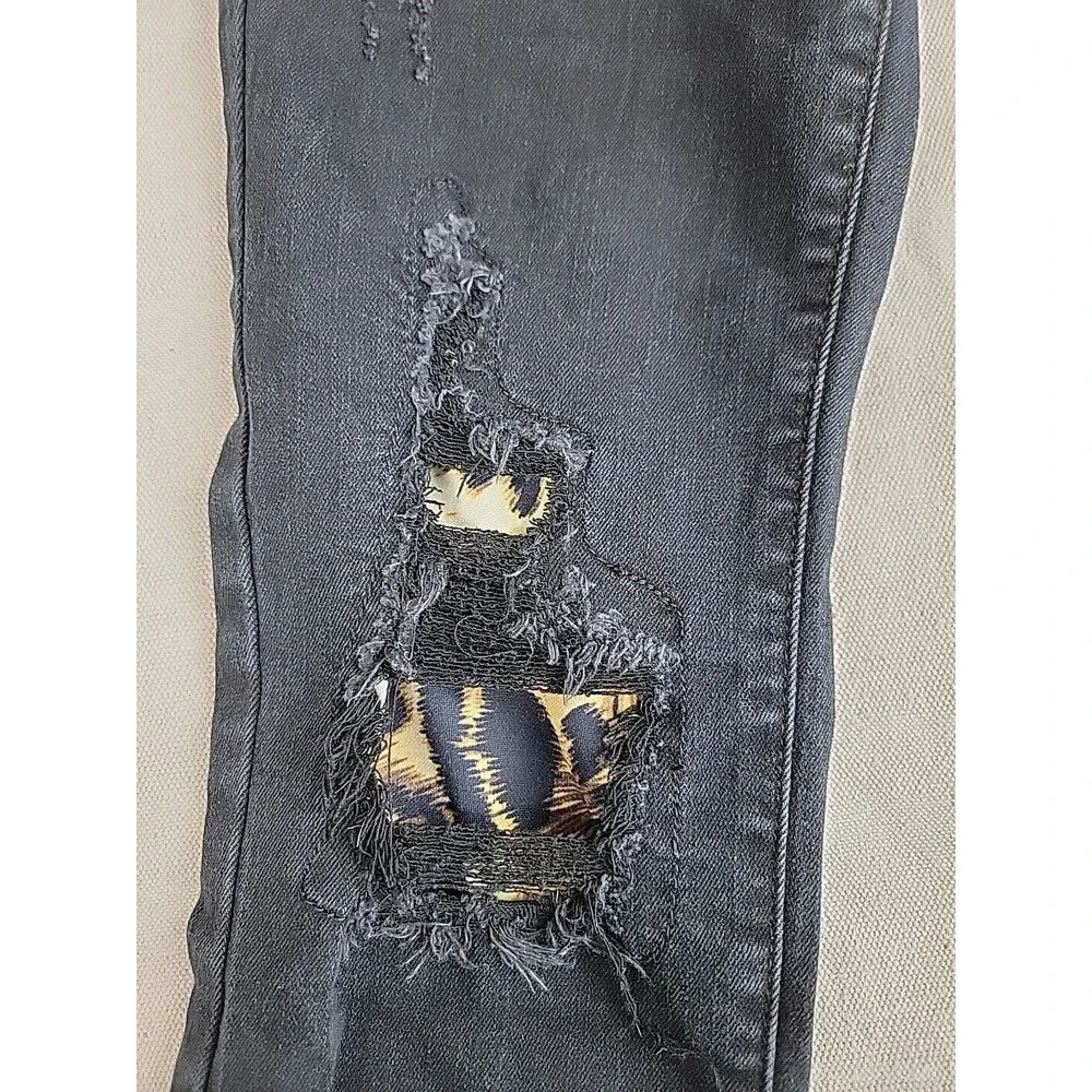 Judy Blue‎ Skinny Jeans Womens 3/26 Black Distressed Leopard Print Patch Edgy